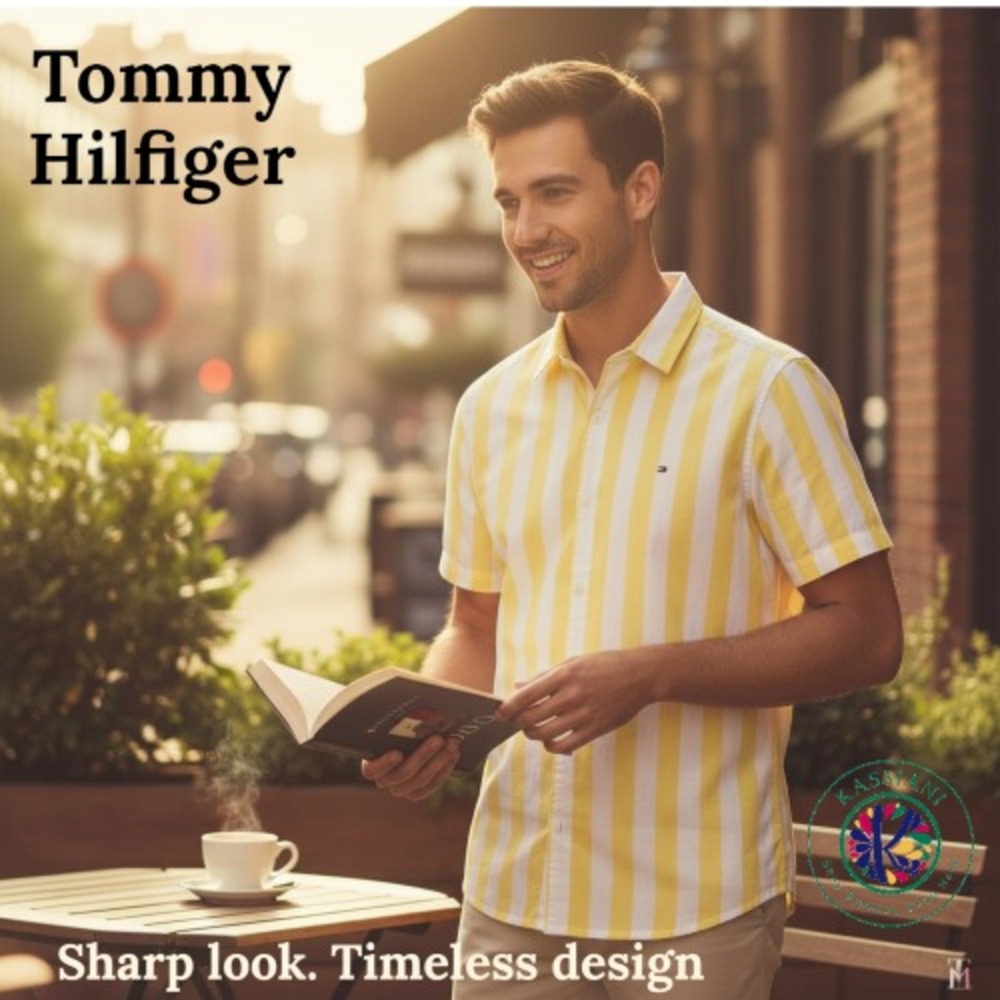 Tommy Hilfiger Men's Shirt L | Custom Fit Yellow White Stripe Cotton Short Sleev